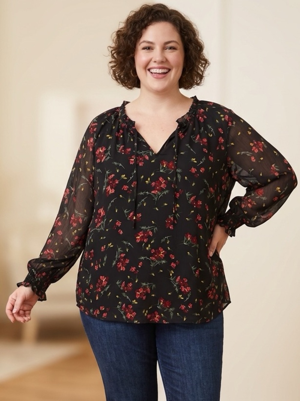 Denver Hayes Black Floral Split V-Neck Blouse Top Plus Size 2XL XXL